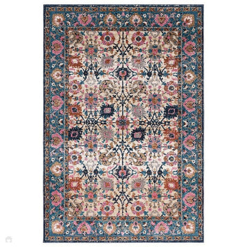 Zola Sarab Traditional Persian Ornate Floral Border Hi-Low Textured Blue/Pink/Cream/Beige/Brown/Multicolour Rug-Asiatic Carpets-Rug Love - The Most Loved Rug Store